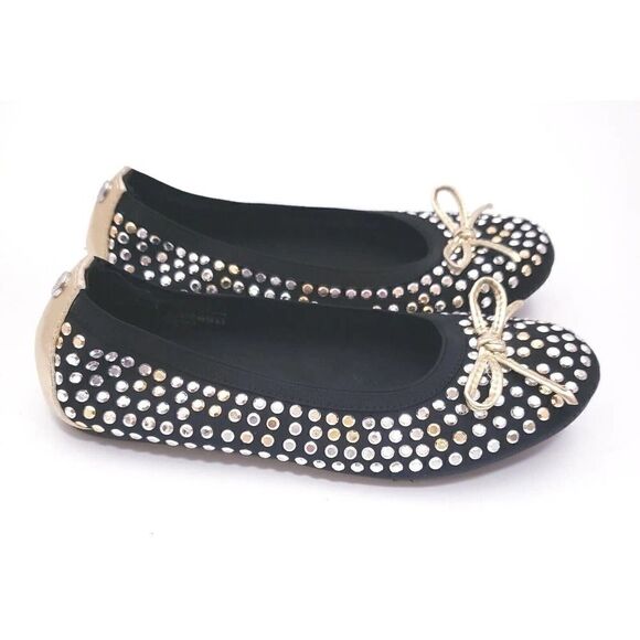 STUART WEITZMAN Women’s Silver NUBEADS STUDDED Black BALLET FLATS Size 2 Shoes - Picture 2 of 6